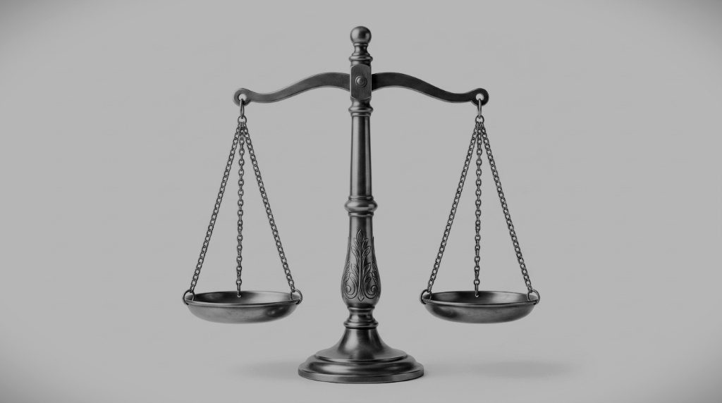 Balanced scales of justice cast in metal